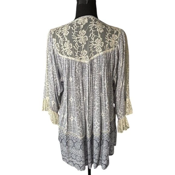 John Mark Peasant Mini Dress 3/4 Bell Sleeve Lace Detail On Blue - Picture 5 of 12